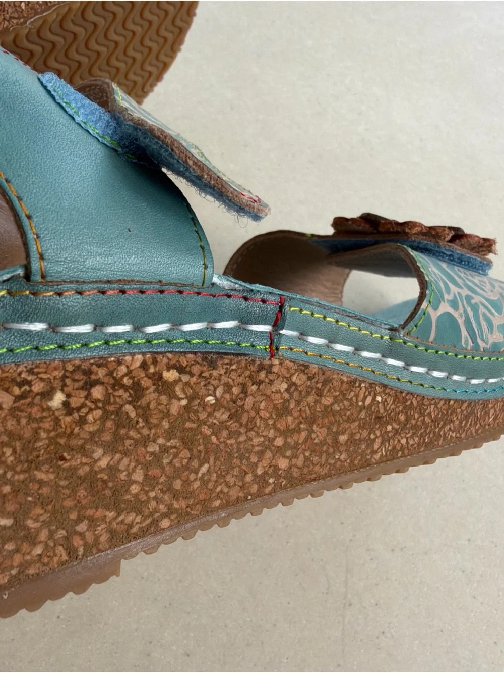 New L'Artiste by Spring Step Leather Wedge Teal Sandals Cuteness Sz 38, US 7.5~8